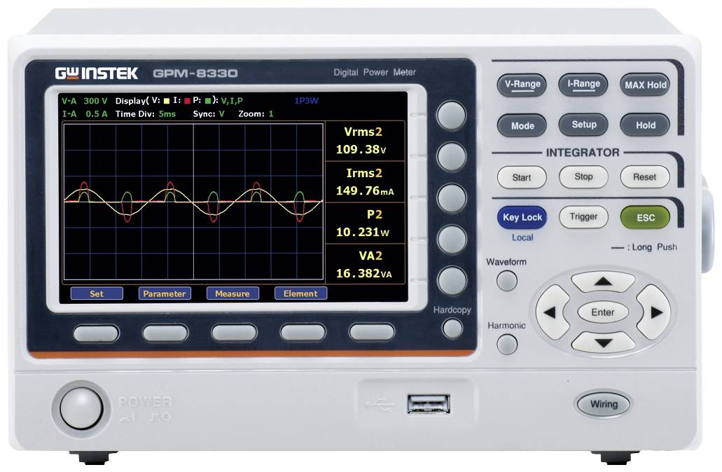 Digital performance measuring device with display shows wave diagrams and values such as Vrms2 (109.38V) and Irms2 (149.76mA). Operational buttons located on the right.