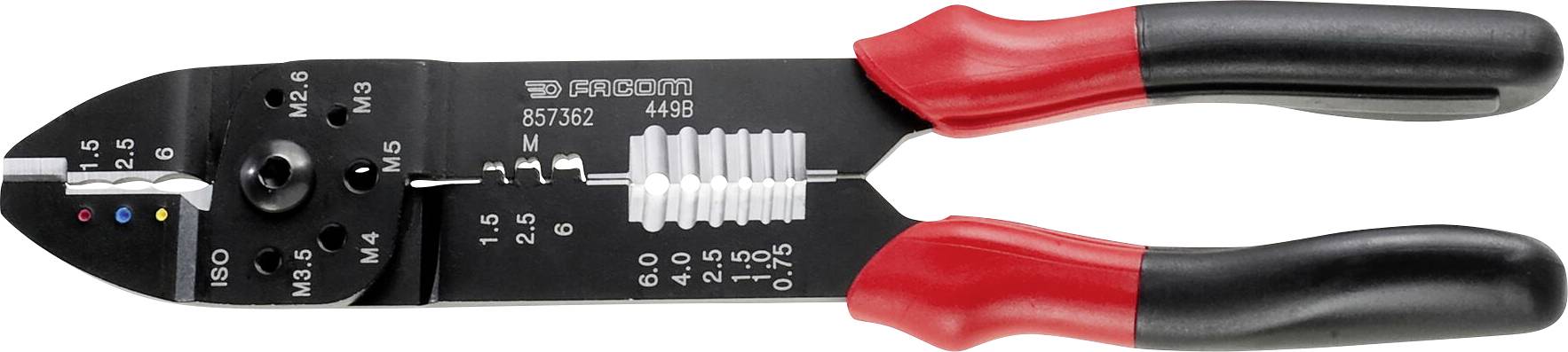 Wire strippers in close-up, black with red handles, showing metric scale for cutting and stripping wires.