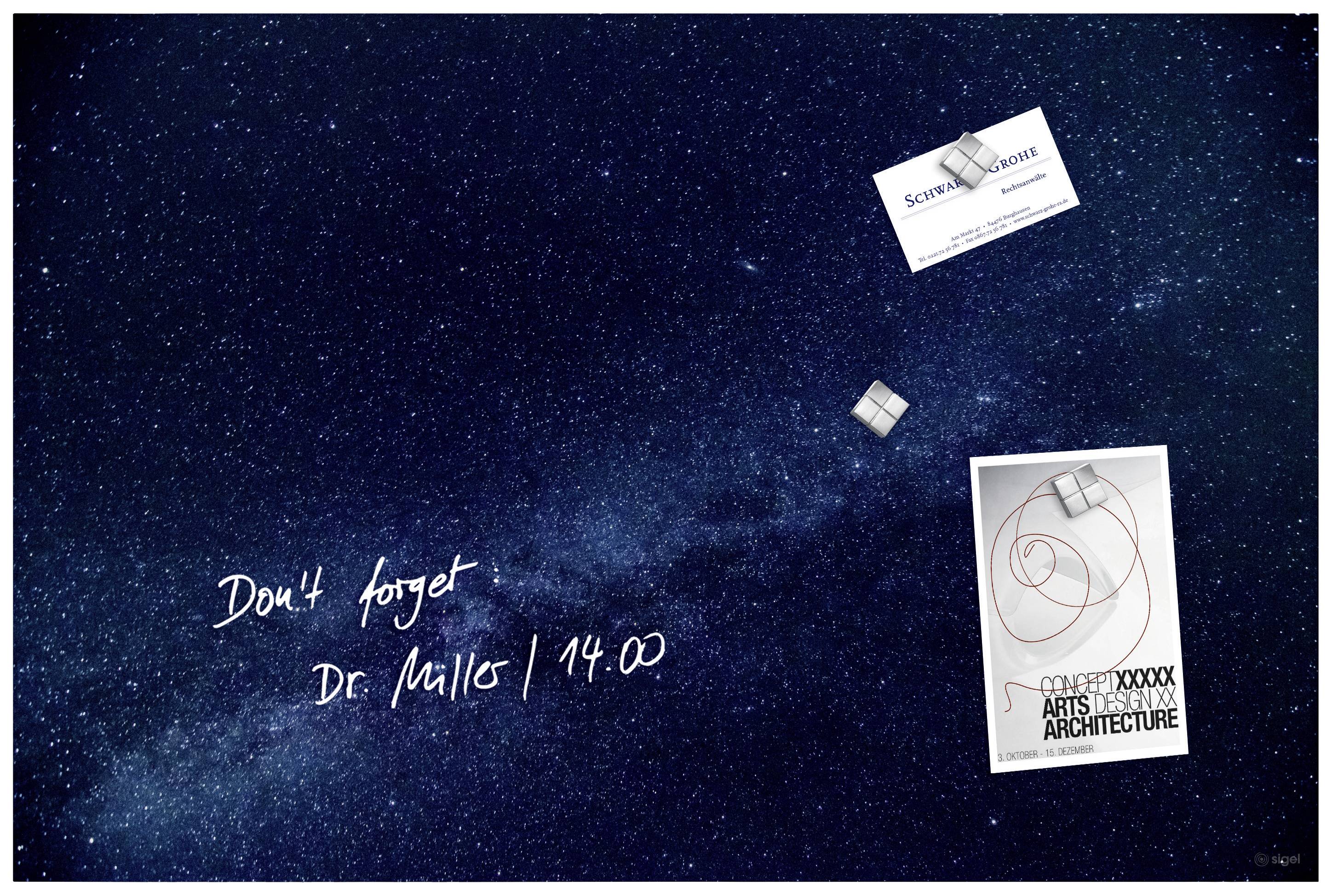 A starry sky forms the background. A note reads: 'Don't forget Dr. Miller 14:00'. Two sheets of paper are visible on the right.