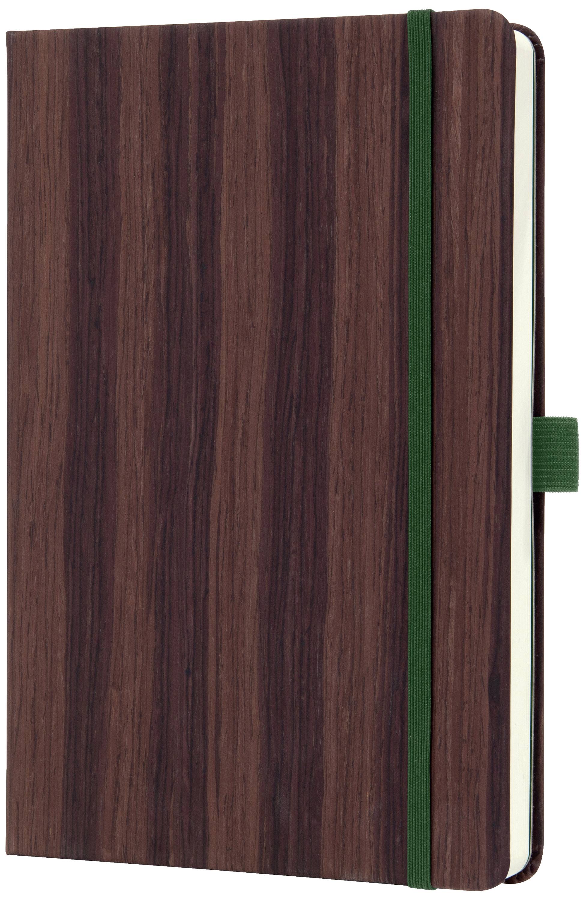Brown notebook with wood grain texture and green closure band, vertically oriented. Suitable for notes and sketches.
