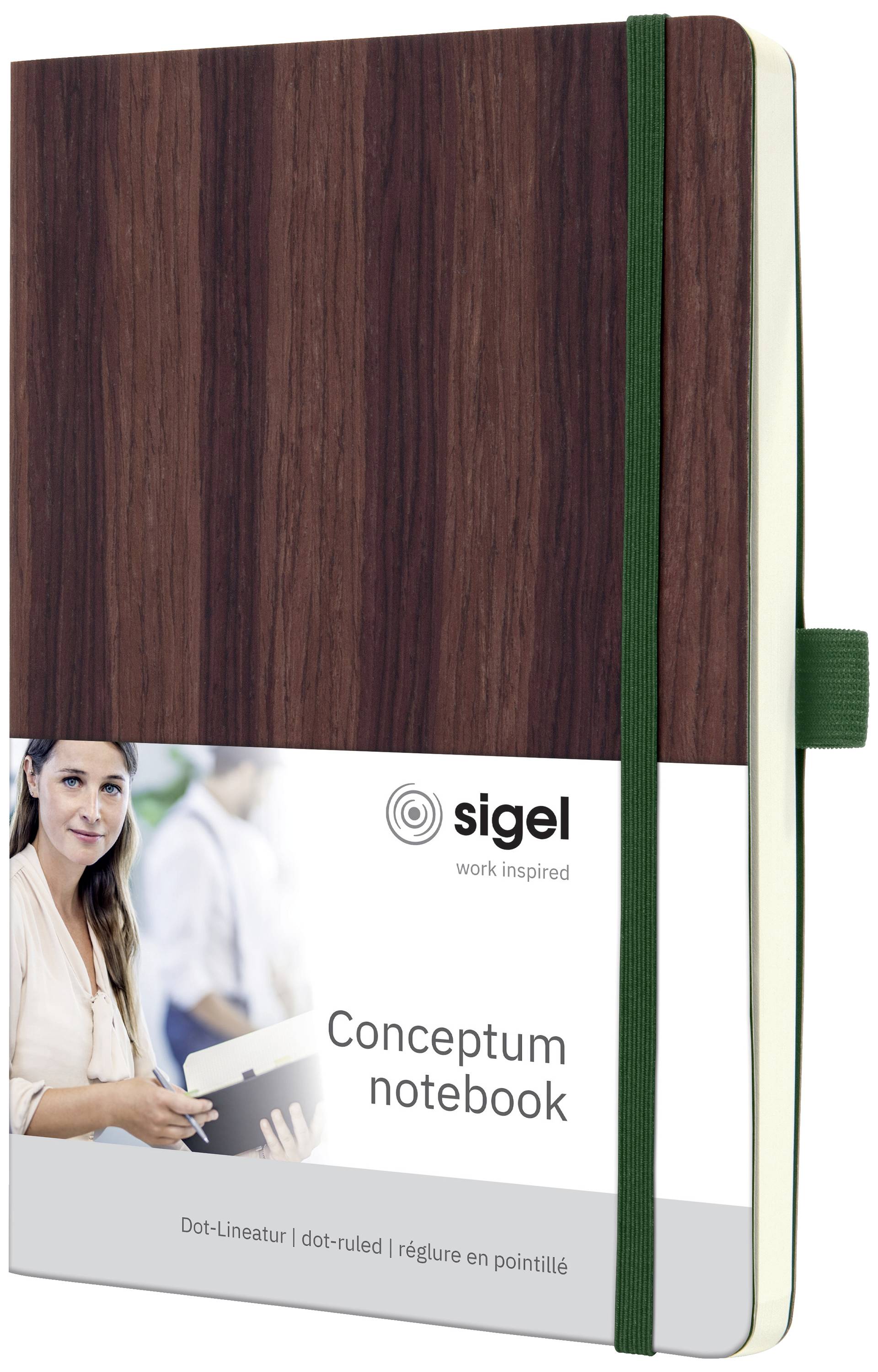 The image shows a brown Conceptum notebook with a green rubber band. It bears the Sigel logo and slogan: 'work inspired'.