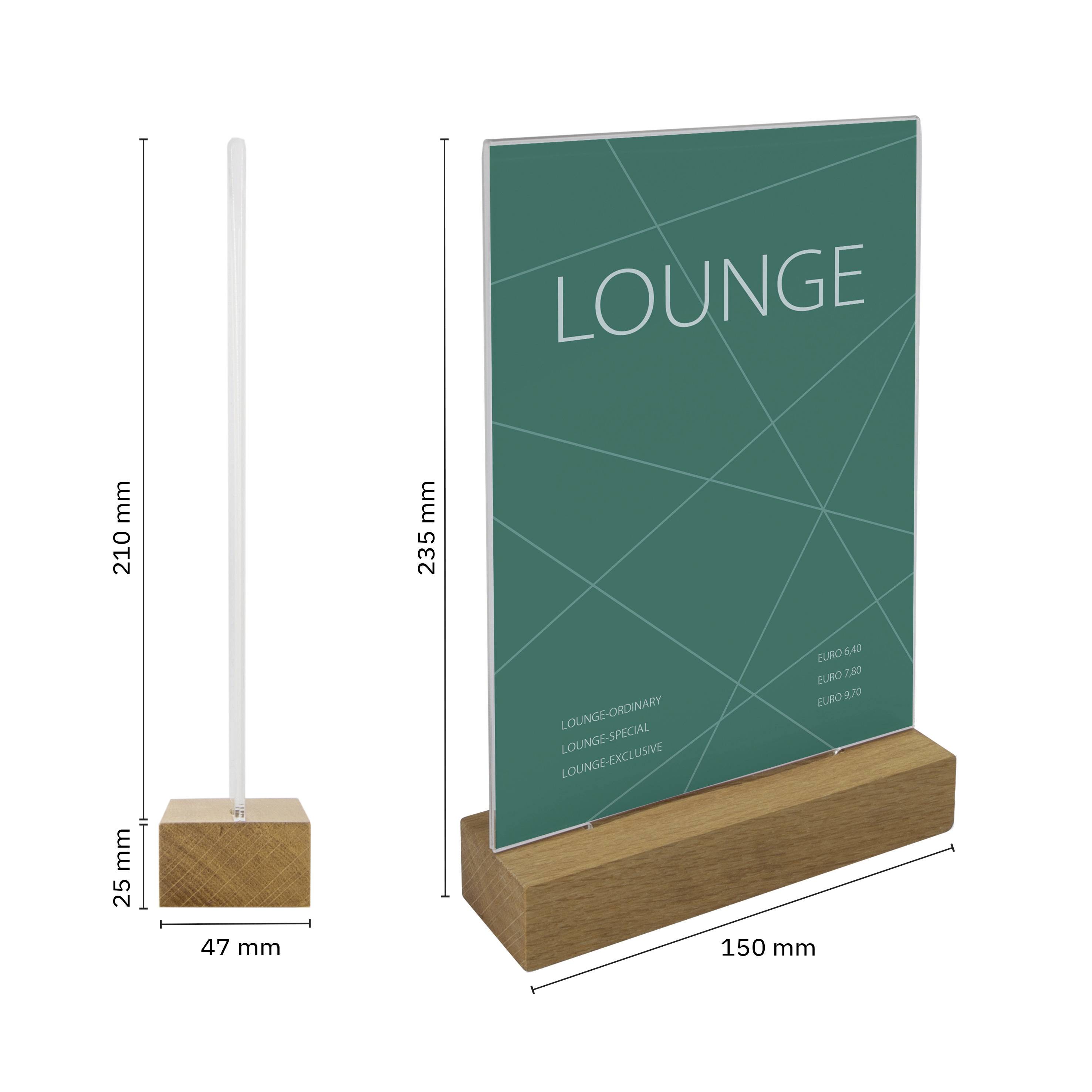 Advertising display stand: 235 mm height, 150 mm width. Text: LOUNGE, LOUNGE ORDINARY, LOUNGE SPECIAL, LOUNGE EXCLUSIVE.