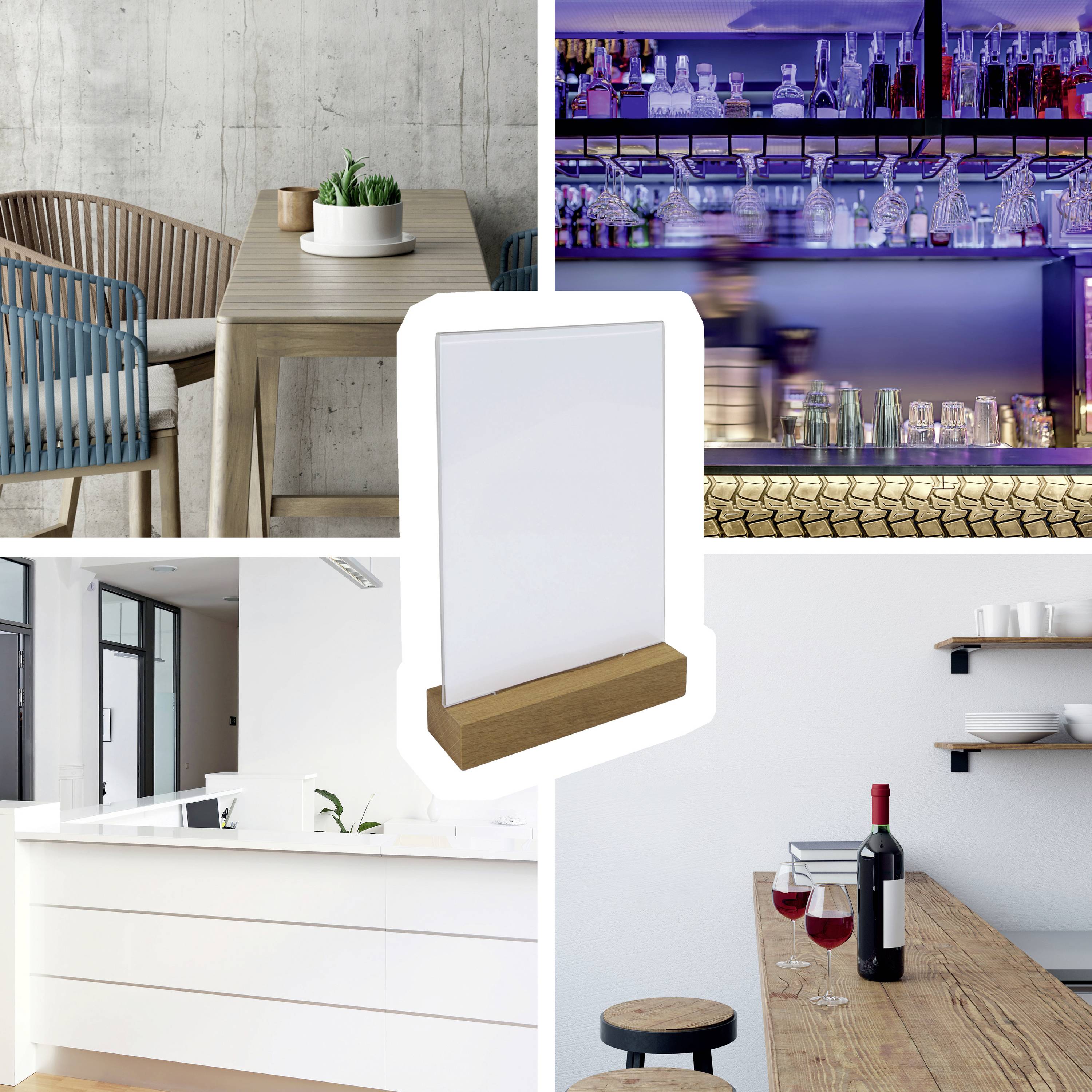 Interior collage: modern living room with wooden chair, bar with drinks, kitchen with white counter, dining table with wine bottle and glasses.