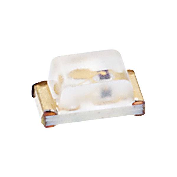White SMD LED with rectangular, flat housing, suitable for electronic PCB applications.