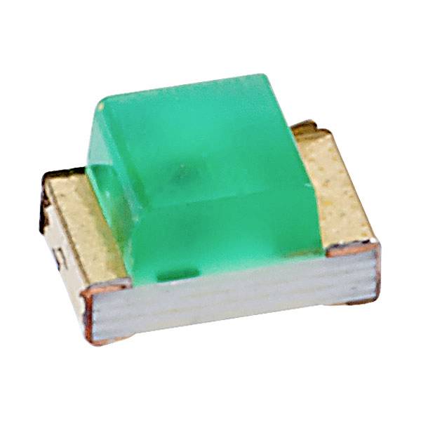Small green SMD LED in surface-mount, side-facing design for electronic applications.