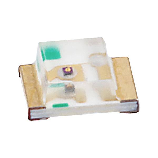 A single SMD LED chip with a rectangular, transparent encapsulation and two flat metal contacts on the sides.