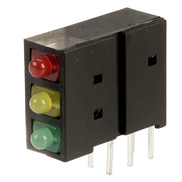 Three-colour LED indicator in a black housing with red, yellow and green light-emitting diodes, arranged side by side.