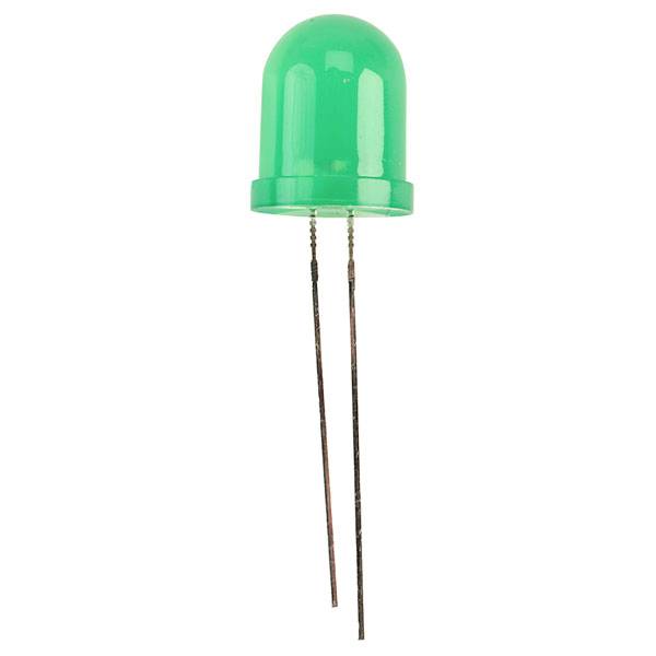 Green LED with two wires for electrical connections.