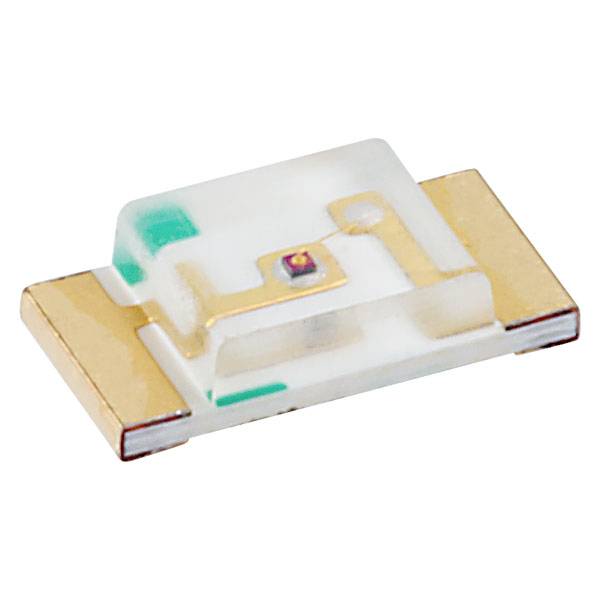 A tiny, rectangular SMD LED component with golden electrical contacts on both sides, frequently used for printed circuit board mounting.