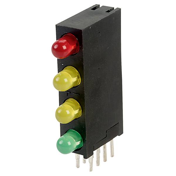 A three-colour LED module with red, yellow, and green LEDs, mounted in a black plastic housing with multiple metal pins.