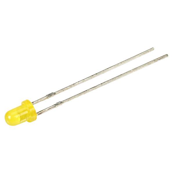 Yellow LED with two metallic connection wires, on a white background.