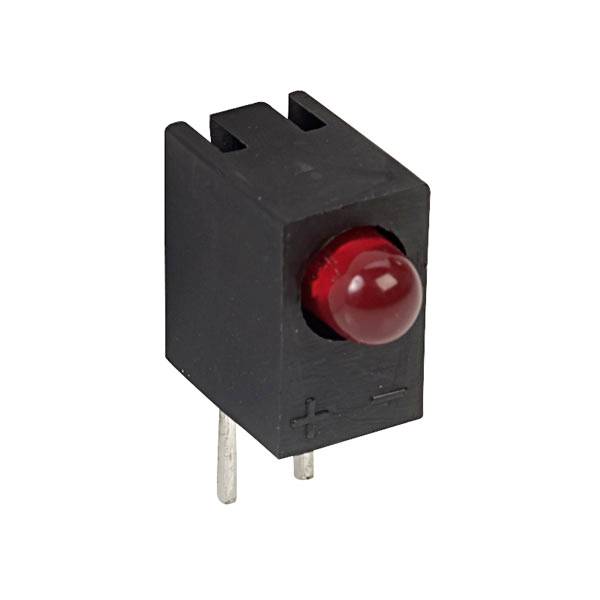 A black LED holder with red LED light and two metal pins at the bottom, marked with plus and minus symbols.