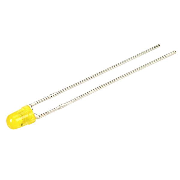 A yellow LED with two silver metal connectors.