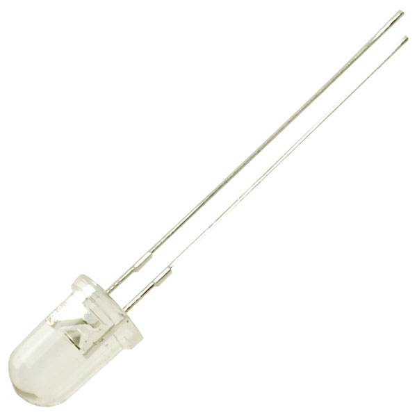 A single white LED with two connecting wires, used for illumination or signalling in electronic circuits.