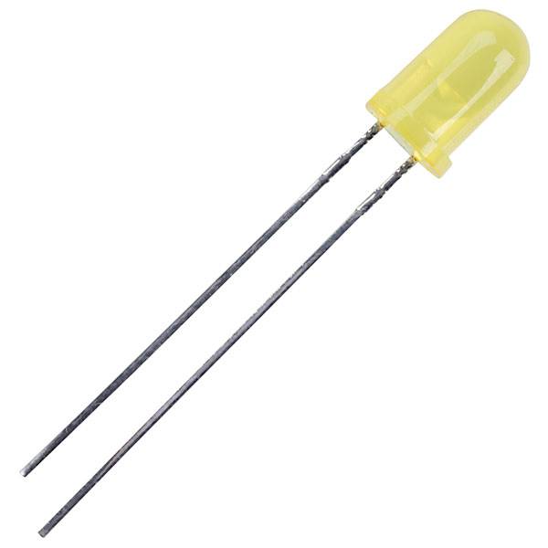 Yellow light-emitting diode (LED) with two lead pins.