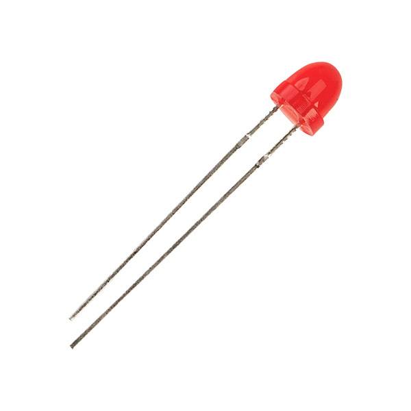 A red light-emitting diode (LED) with two metal terminals, typical for electronic circuits or displays.