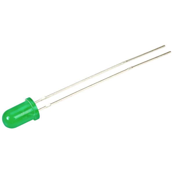 Green LED with two long metal legs on a white background.