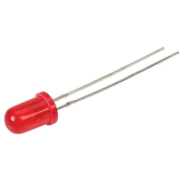 A red light-emitting diode with two silver connecting wires, isolated on a white background.