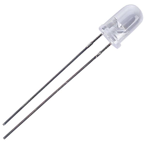 A transparent LED with two metal terminals, typically used in electronic circuits.