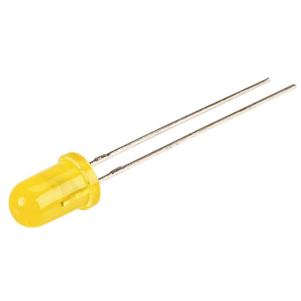 A yellow LED with two long, thin metal leads serving as electrical connections.
