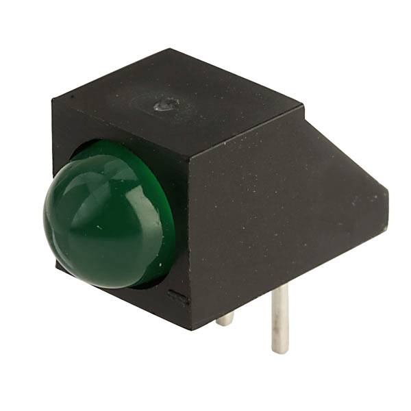 A green LED button, built into a black housing, with two metallic connection pins at the bottom.