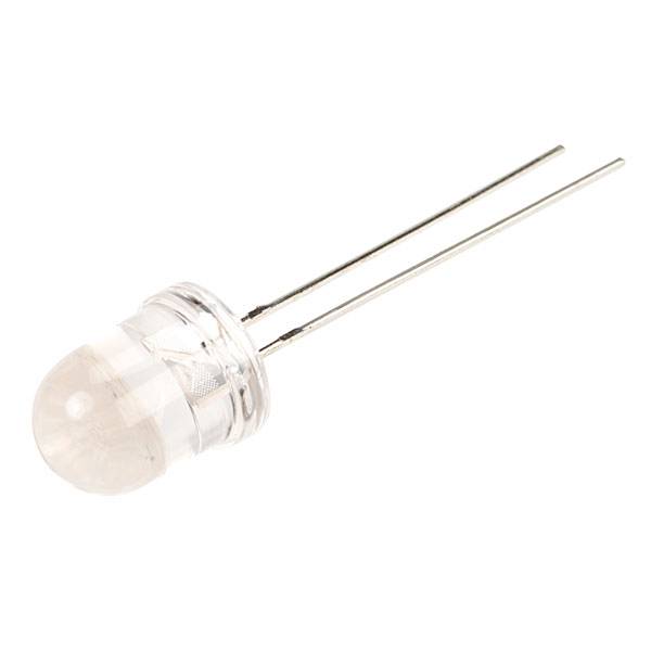 A single, transparent LED with two connection pins, lying on a white surface.