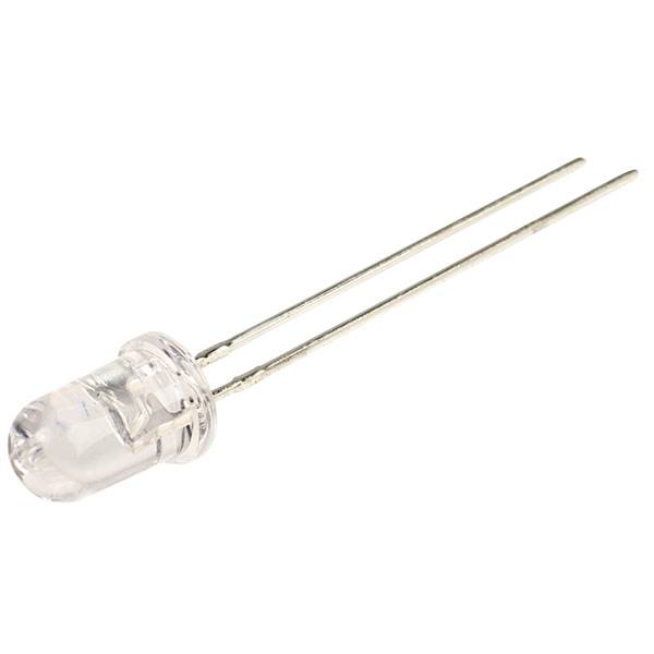 A single LED diode with two long metal connections, transparent casing.