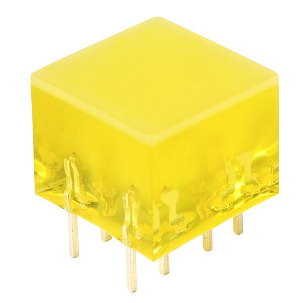 A yellow electronic component with six metal pins, typically used for integration onto circuit boards.