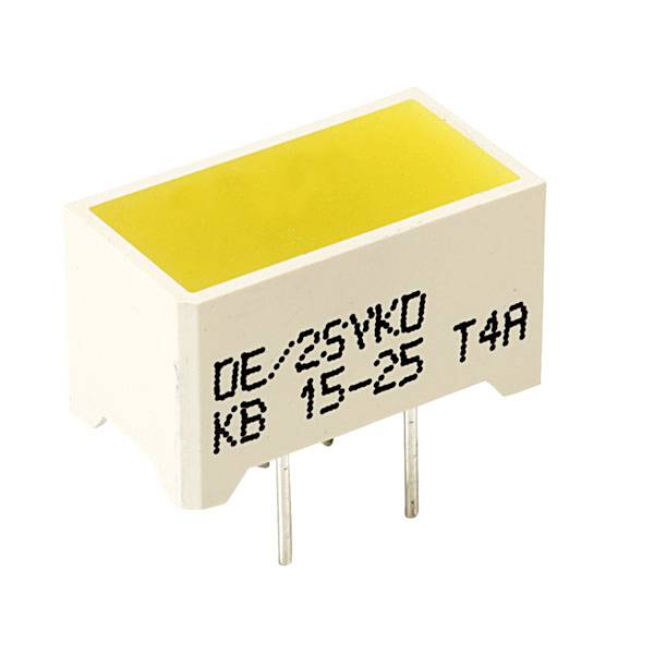 Yellow rectangular electronic capacitor with inscription 'DE/2SYKO KB 15-25 T4R', two silver connecting wires at the bottom.