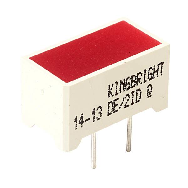'A red LED display component with two metal pins, labelled with 'KINGBRIGHT' and model number. Serves for visual indication.'