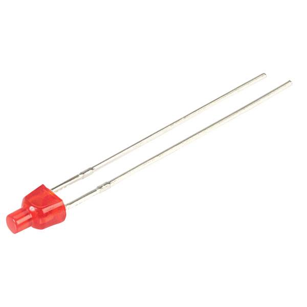 A red LED indicator lamp with two silver wire connections, typical of electronic circuits and signalling.