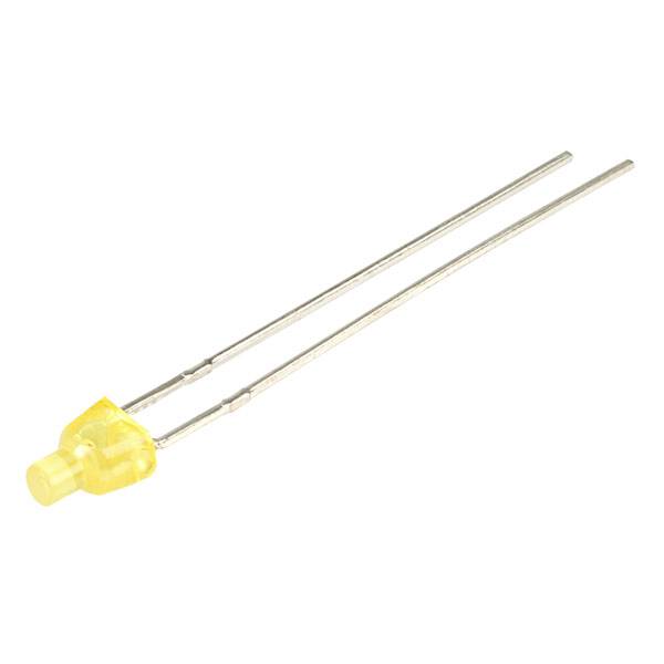 A yellow, round LED with two long metal leads on a white background.