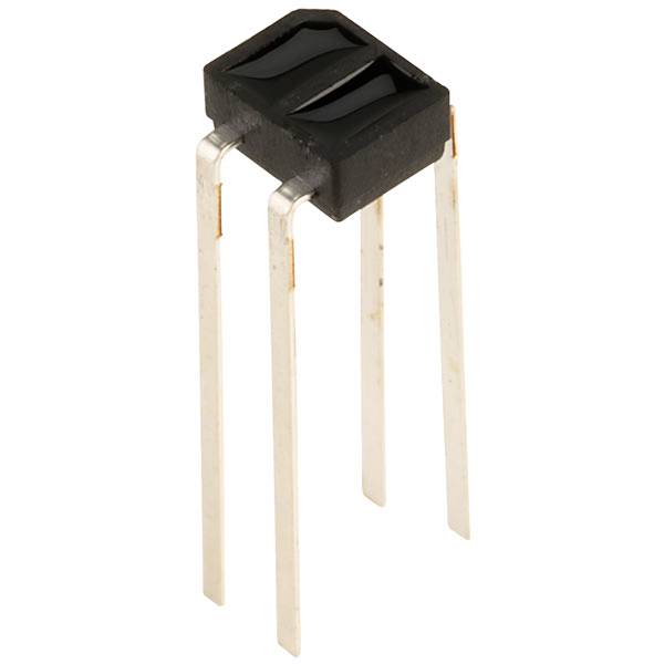 A black, rectangular electronic component (transistor) with four long metal legs for mounting on a circuit board.