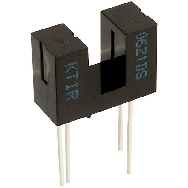 A black optical U-sensor with four connection pins, marked with 'K.TIR' and '0621DS'. It is used for object detection.