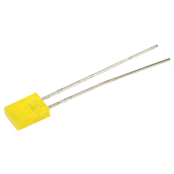 A yellow LED with two connecting wires on a white background; commonly used to indicate status in electronic devices.