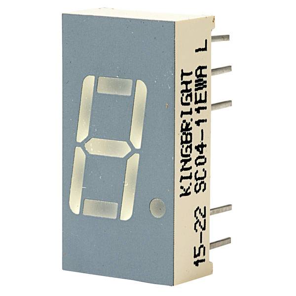 A rectangular, electronic seven-segment display with connection pins and the number '7' illuminated on the front face.