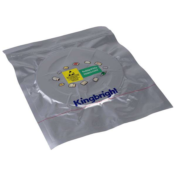 A sealed, silver packaging with the label 'Kingbright', contains electronic components. A warning symbol indicates ESD protection.