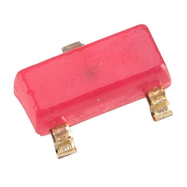 A small, red electronic component with three metallic connections, used as an SMD resistor or diode in circuit boards.