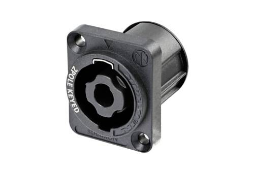 Black Speakon socket with 4-pole connection in a square housing, suitable for cabling in professional audio applications.