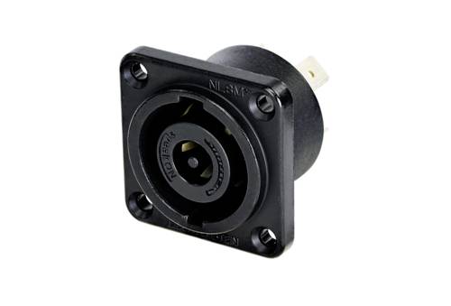 A black, square, multi-pin plug with a circular socket and mounting holes in the corners, used for electronic connections.