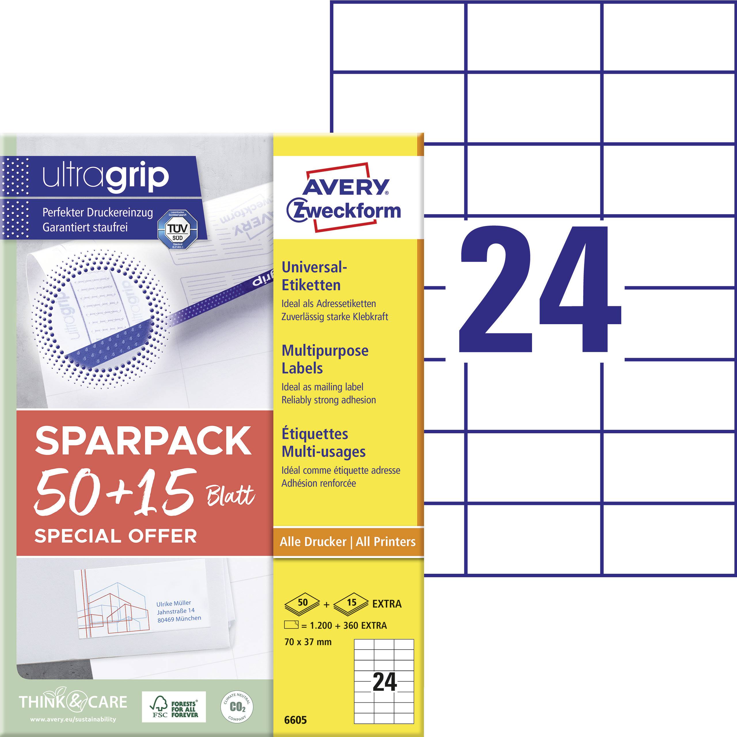 Avery Zweckform Universal Labels, 24 per Sheet, Multipack 50+15 Sheets, Suitable for All Printers.