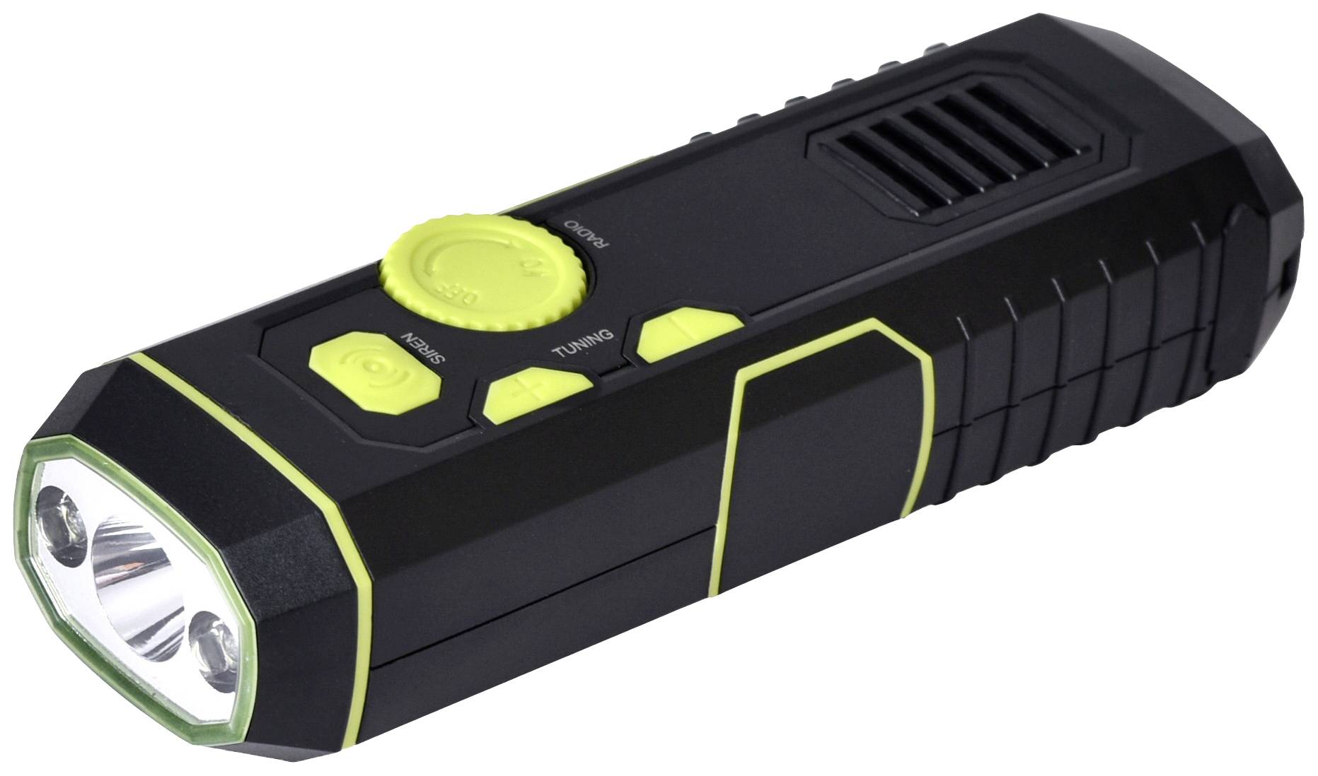 A black torch with yellow buttons and LED lights, on a white background.