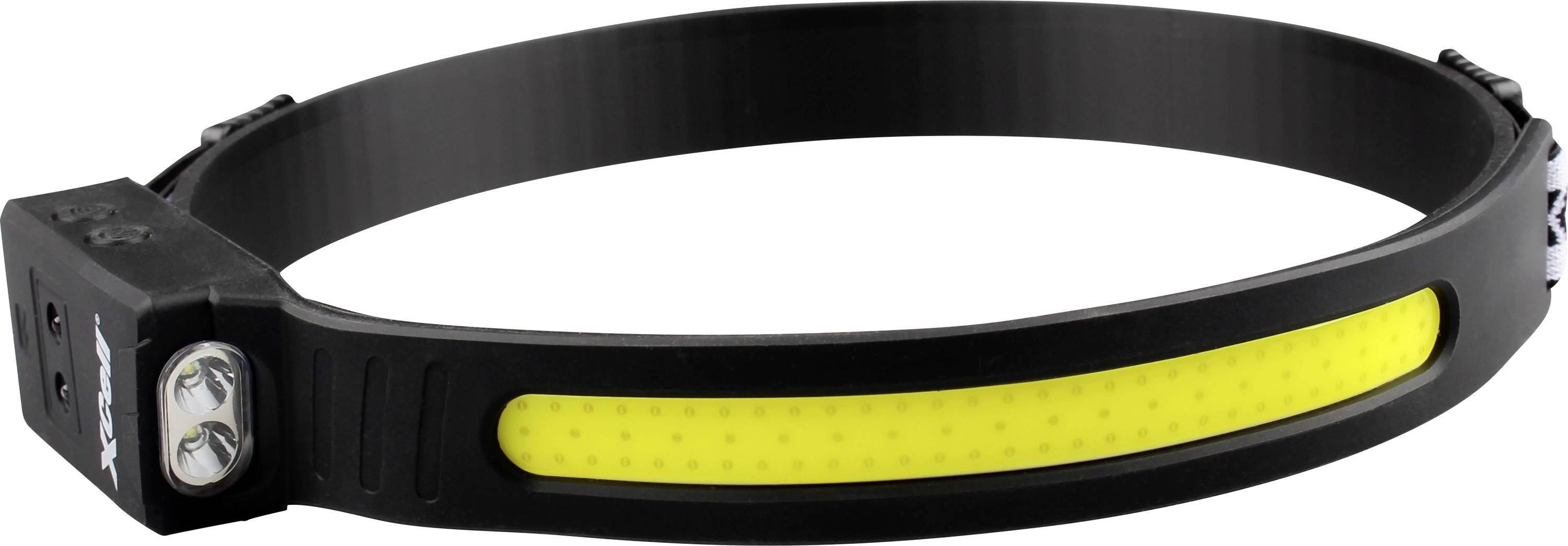 A black LED headlamp with a yellow light strip on an adjustable band, designed for hands-free lighting during activities.
