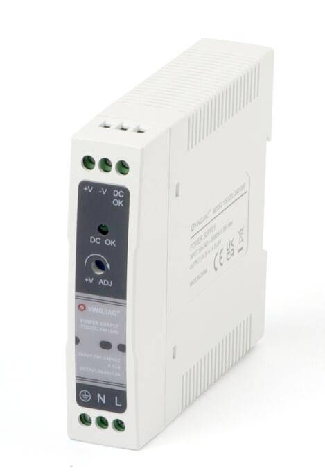 A compact, white DIN rail power supply unit with green screw terminals and markings for voltage adjustment along with status LEDs.