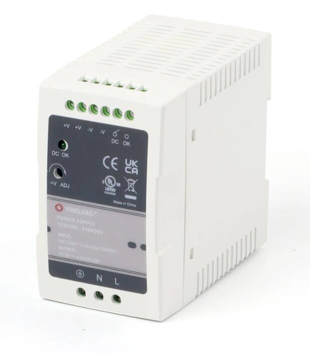 A white power supply with multiple green ports and a grey label displaying technical specifications and certification marks.