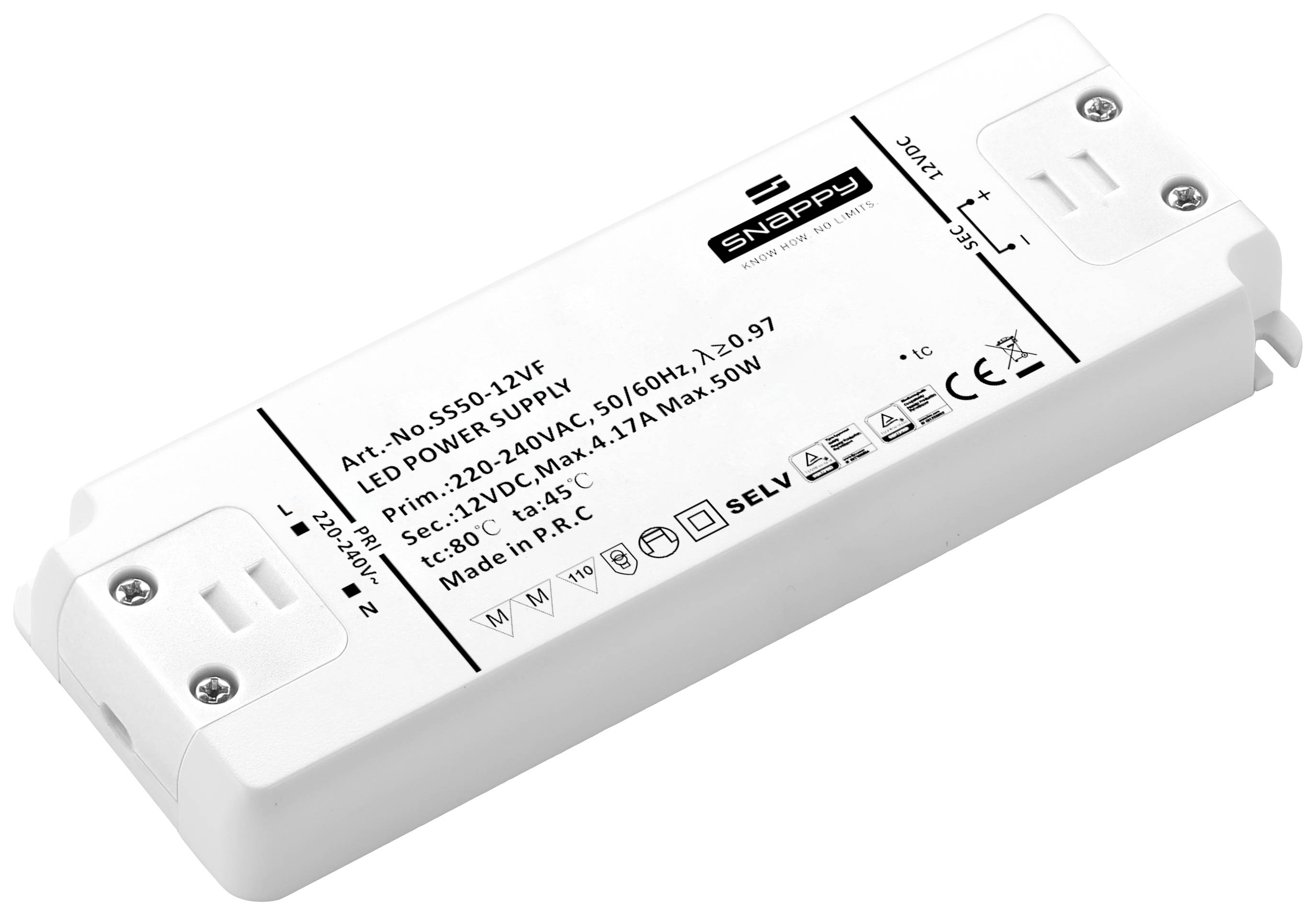 LED Driver Device with Technical Specifications: 12V, 40W, Model SS50-12VF. Rectangular white casing, inscription and logos visible.