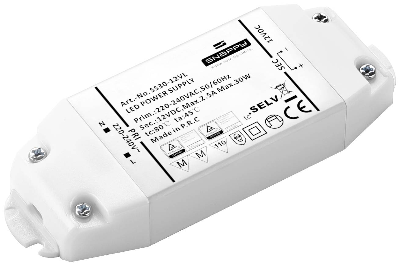 Rectangular LED driver enclosure with technical specifications and certification logos on the top surface, for indoor use.