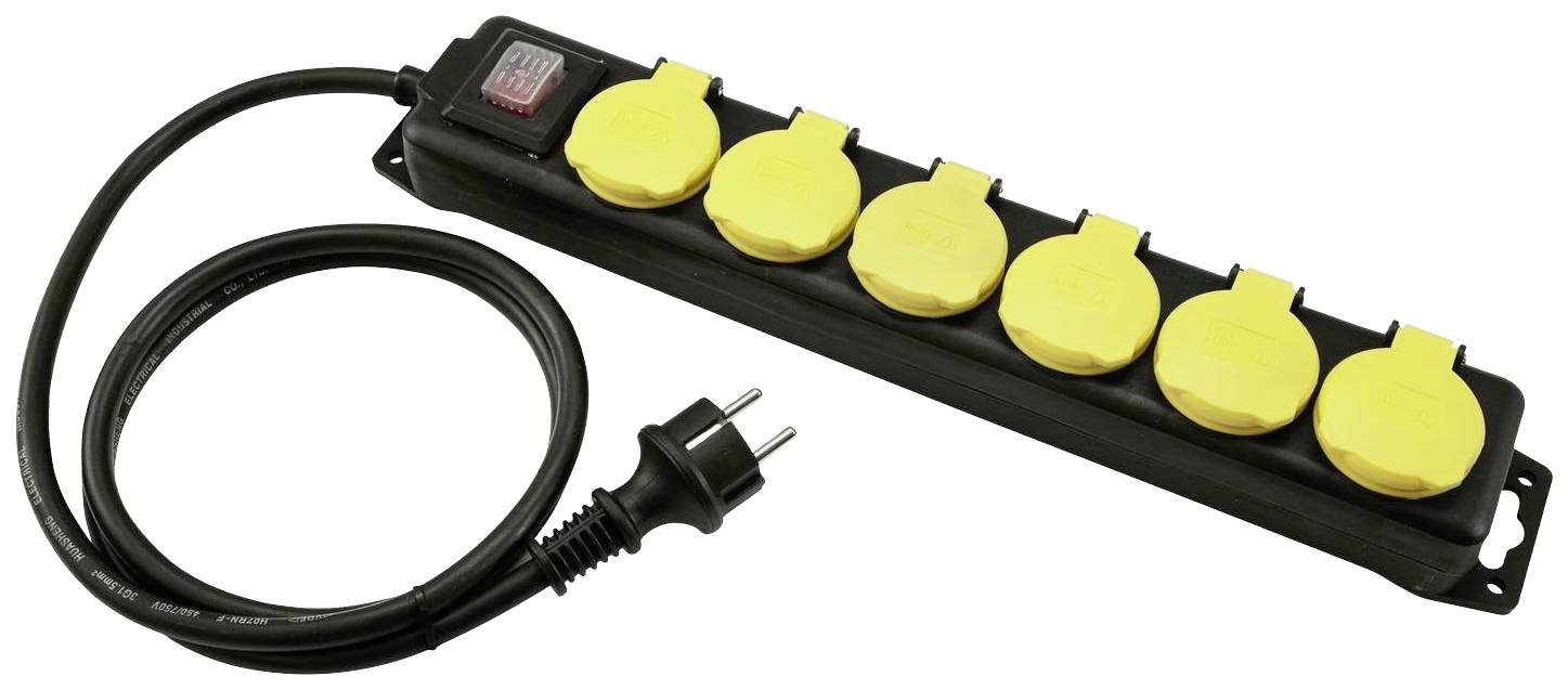 Black power strip with six yellow sockets and an on/off switch on the left. A cable with a plug is connected.