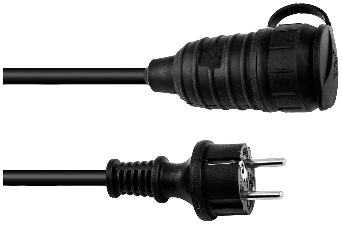 Two black power cables: Above, a robust cable with a protective cap, below a standard cable with a two-pin plug.