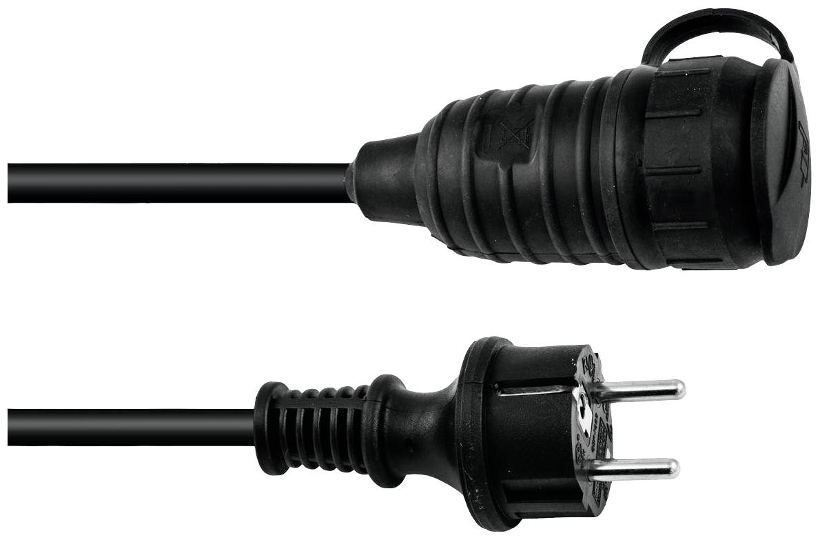Black network cable with two plugs; at the top a Schuko plug with cover, at the bottom a standard Schuko plug; against a white background.